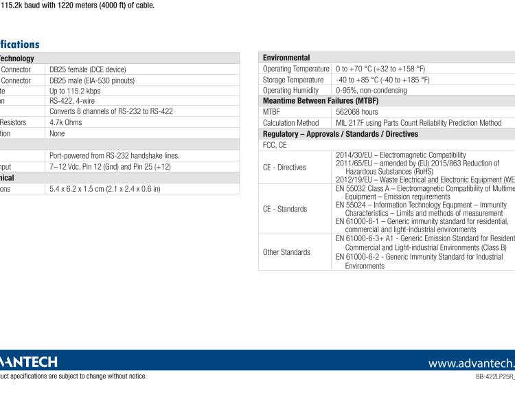研華BB-422LP25R 串口轉(zhuǎn)換器，RS-232 DB-25 F至RS-422 DB25 M，端口供電