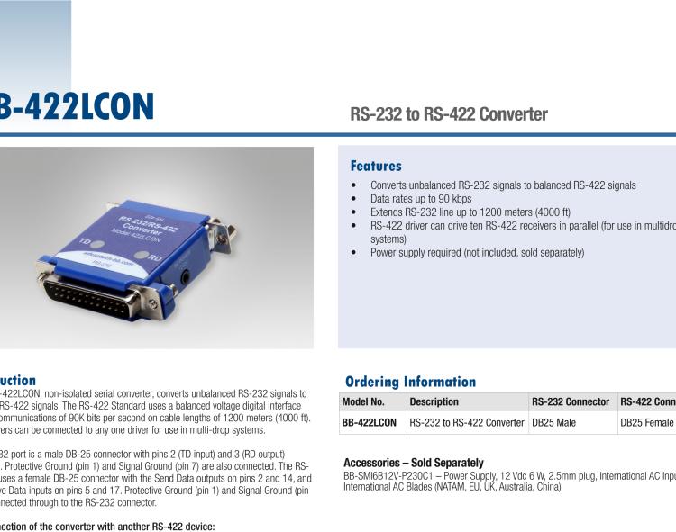 研華BB-422LCON 串口轉(zhuǎn)換器，RS-232 DB-25 M至RS-422 DB25 F