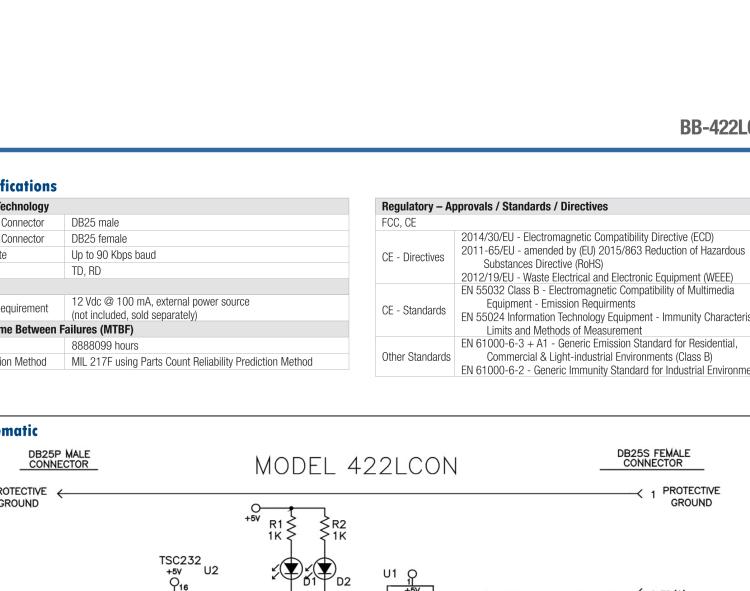 研華BB-422LCON 串口轉(zhuǎn)換器，RS-232 DB-25 M至RS-422 DB25 F