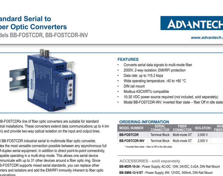 研華BB-FOSTCDR-INV 串口轉(zhuǎn)換器，RS-232/422/485 TB至MM光纖ST（反向），工業(yè)DIN