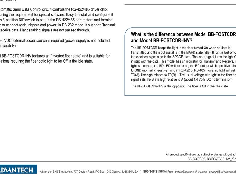 研華BB-FOSTCDR-INV 串口轉(zhuǎn)換器，RS-232/422/485 TB至MM光纖ST（反向），工業(yè)DIN