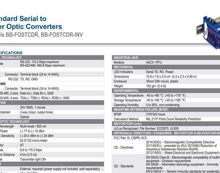 研華BB-FOSTCDR-INV 串口轉(zhuǎn)換器，RS-232/422/485 TB至MM光纖ST（反向），工業(yè)DIN